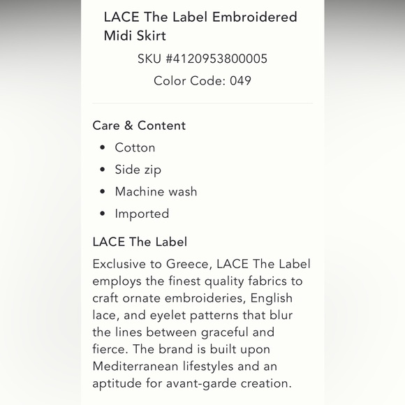 Anthropologie NWT LACE The Label Embroidered Midi Skirt size S. - Picture 5 of 7